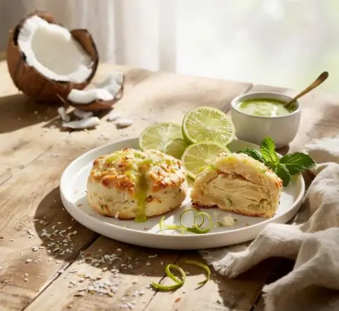 Tropical coconut lime scones with toasted coconut flakes, fresh lime zest, and soft flaky crumb.
