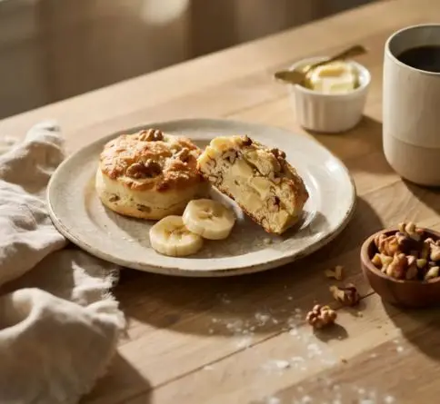Homemade banana walnut scones with ripe bananas, crunchy walnuts, and buttery flaky texture.
