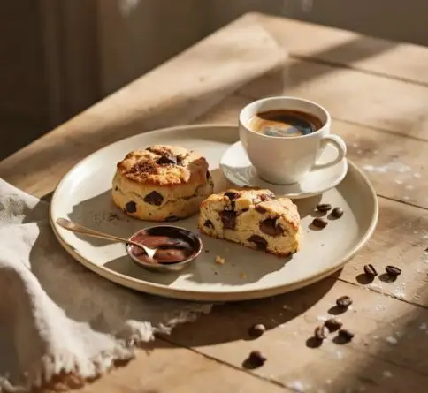 Espresso chocolate scones with dark chocolate chunks, rich coffee flavor, and flaky bakery-style layers.