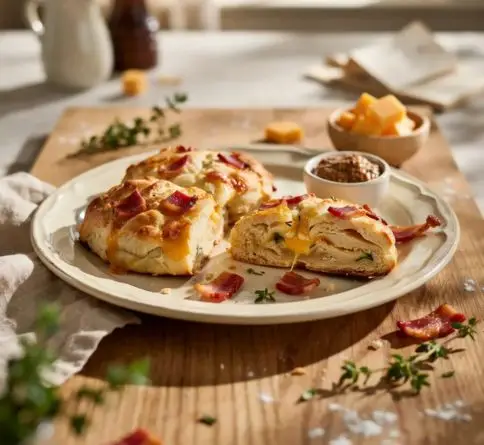 Savory bacon cheddar scones with crispy bacon, melted cheddar cheese, and golden flaky crust.