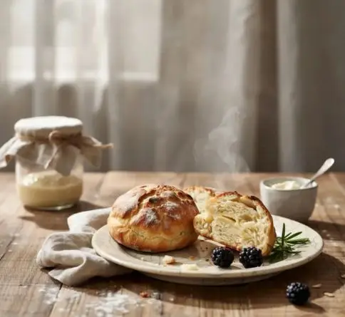 Rustic sourdough scones with a flaky golden crust, airy crumb, and artisan bakery-style appearance.