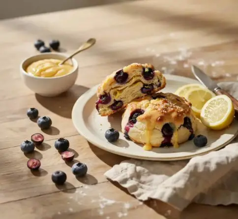 Homemade blueberry lemon scones with juicy blueberries, fresh lemon zest, and sweet lemon glaze.