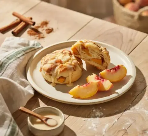 Fresh peach cobbler scones with juicy peaches, cinnamon, vanilla glaze, and buttery flaky layers.