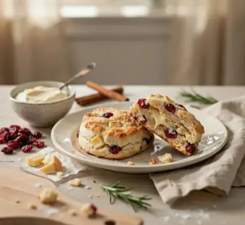 White chocolate cranberry scones with creamy white chocolate, dried cranberries, and flaky golden texture.
