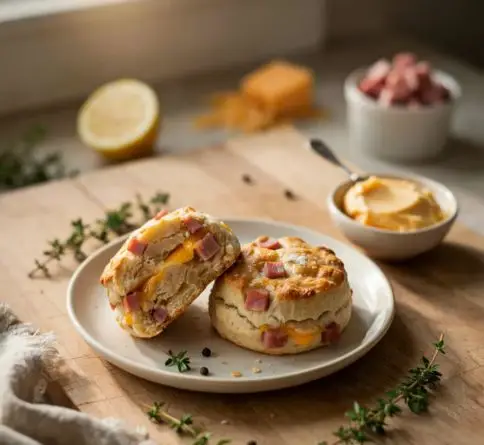 Savory ham and cheese scones with diced ham, melted cheddar cheese, and buttery flaky pastry.