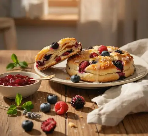 Mixed berry scones filled with blueberries, raspberries, and blackberries, topped with vanilla glaze and flaky golden layers.