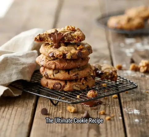 Freshly baked classic chocolate chip cookies with gooey melted chocolate chips stacked on a rustic wooden table.