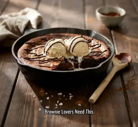 Rich fudgy skillet brownie with crackly top and melting vanilla ice cream in a cast iron pan.