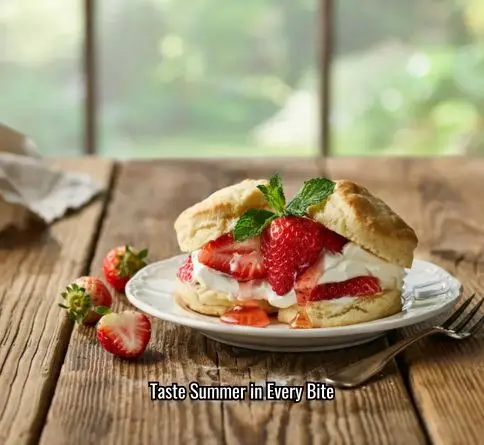 Homemade strawberry shortcake with fresh strawberries, whipped cream, and fluffy biscuits.