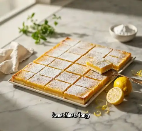 Homemade lemon bars dusted with powdered sugar on a marble serving board.