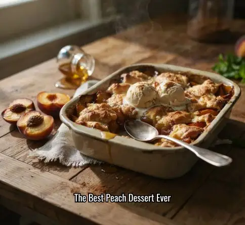 Warm peach cobbler with juicy peaches, golden topping, and melting vanilla ice cream.
