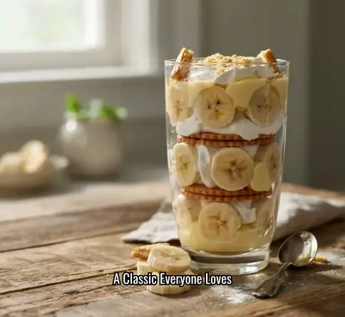 Creamy banana pudding layered with vanilla wafers, bananas, and whipped cream.