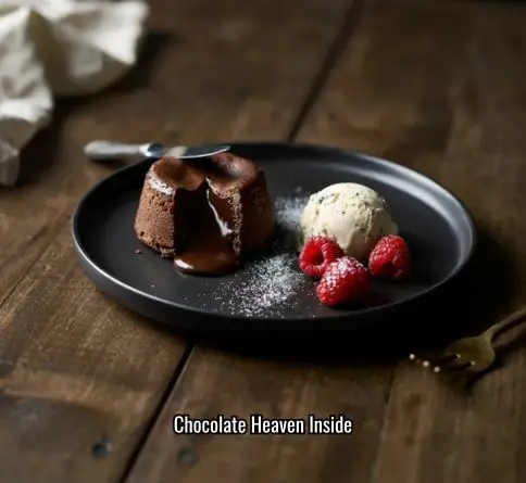 Chocolate lava cake with warm molten center and vanilla ice cream on an elegant dessert plate.