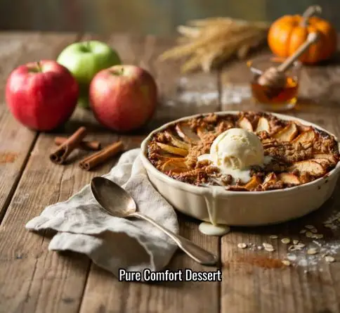 Homemade apple crisp with buttery oat topping and vanilla ice cream served warm.