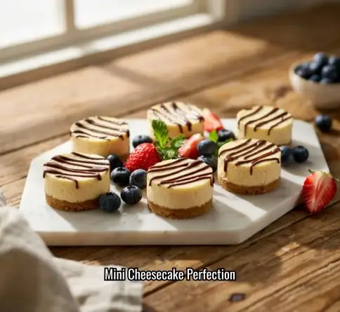 Mini cheesecake bites topped with fresh berries and chocolate drizzle on a serving tray.