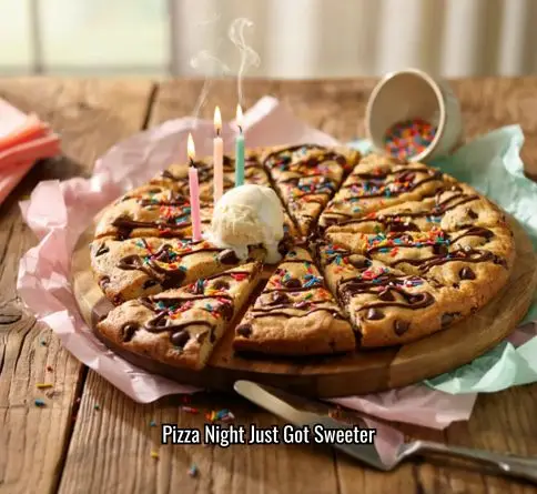 Giant chocolate chip cookie pizza topped with chocolate drizzle and colorful sprinkles.