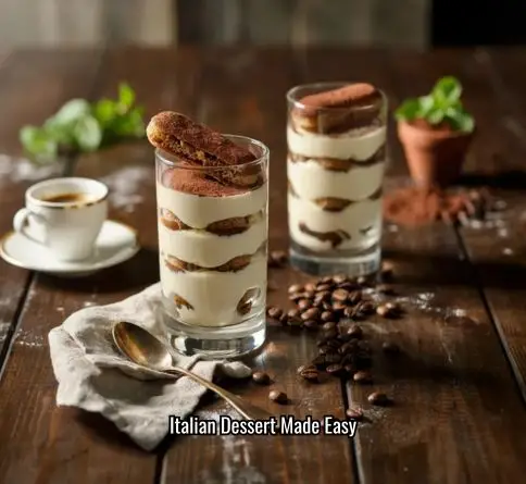 Individual tiramisu dessert cups layered with mascarpone cream and espresso-soaked ladyfingers.