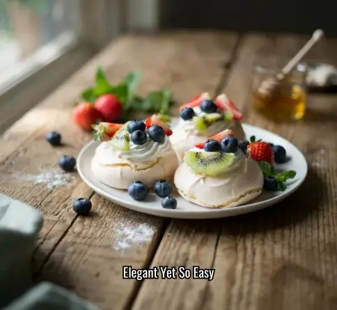 Mini pavlovas topped with whipped cream and fresh mixed berries on a white serving plate.