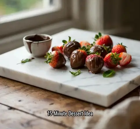 Fresh strawberries dipped in rich dark chocolate with white chocolate drizzle.