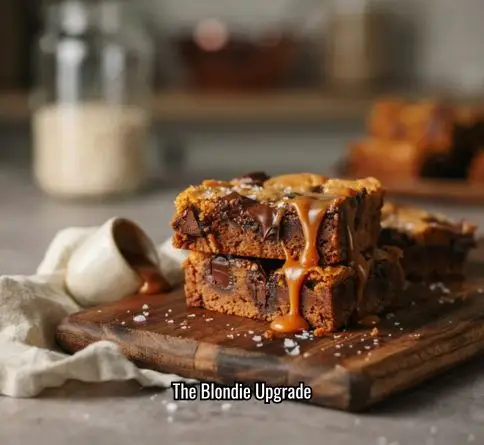 Brown butter blondies with melted dark chocolate chunks and flaky sea salt.