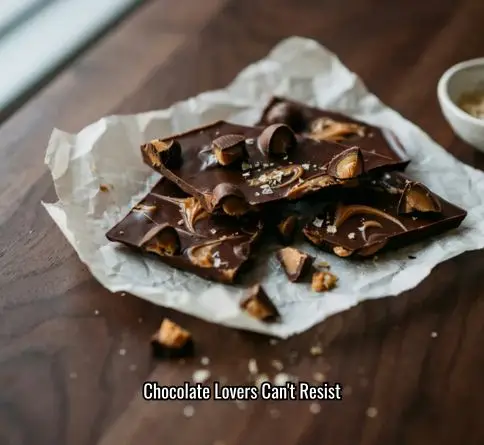 Peanut butter cup chocolate bark with chopped candy pieces and peanut butter swirls.