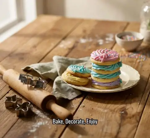 Homemade sugar cookies decorated with colorful icing and sprinkles on a vintage plate.