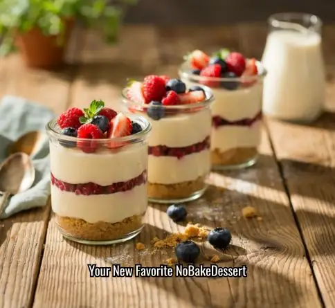 No-bake cheesecake jars layered with graham cracker crumbs, creamy cheesecake filling, and fresh berries.
