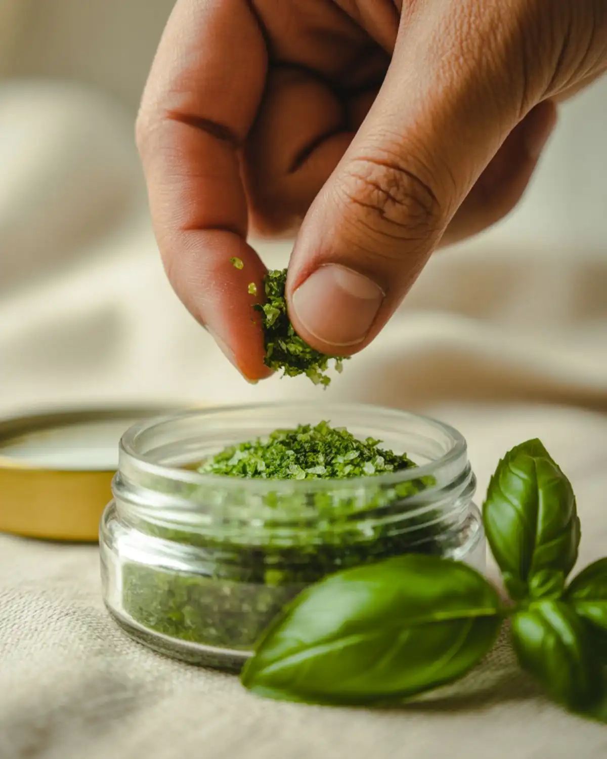 A hand sprinkling classic two-ingredient basil salt from a small glass jar.