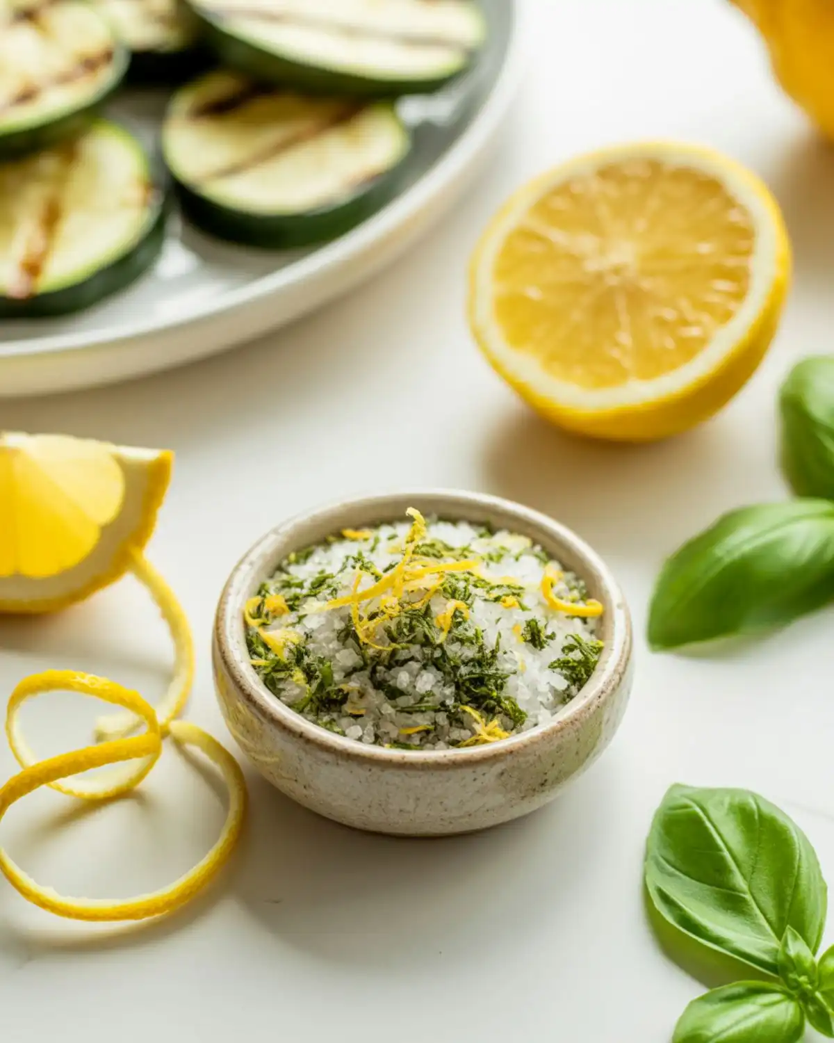 Lemon basil salt with fresh lemon zest, basil leaves, and grilled zucchini.