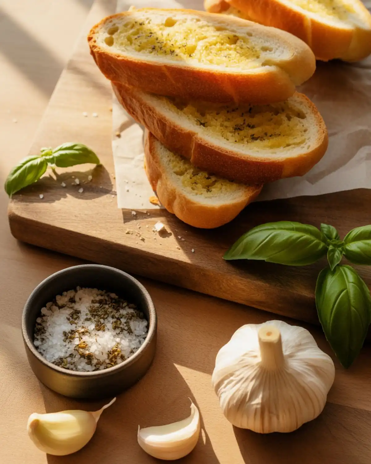 Garlic basil salt served beside warm garlic bread and fresh garlic cloves.