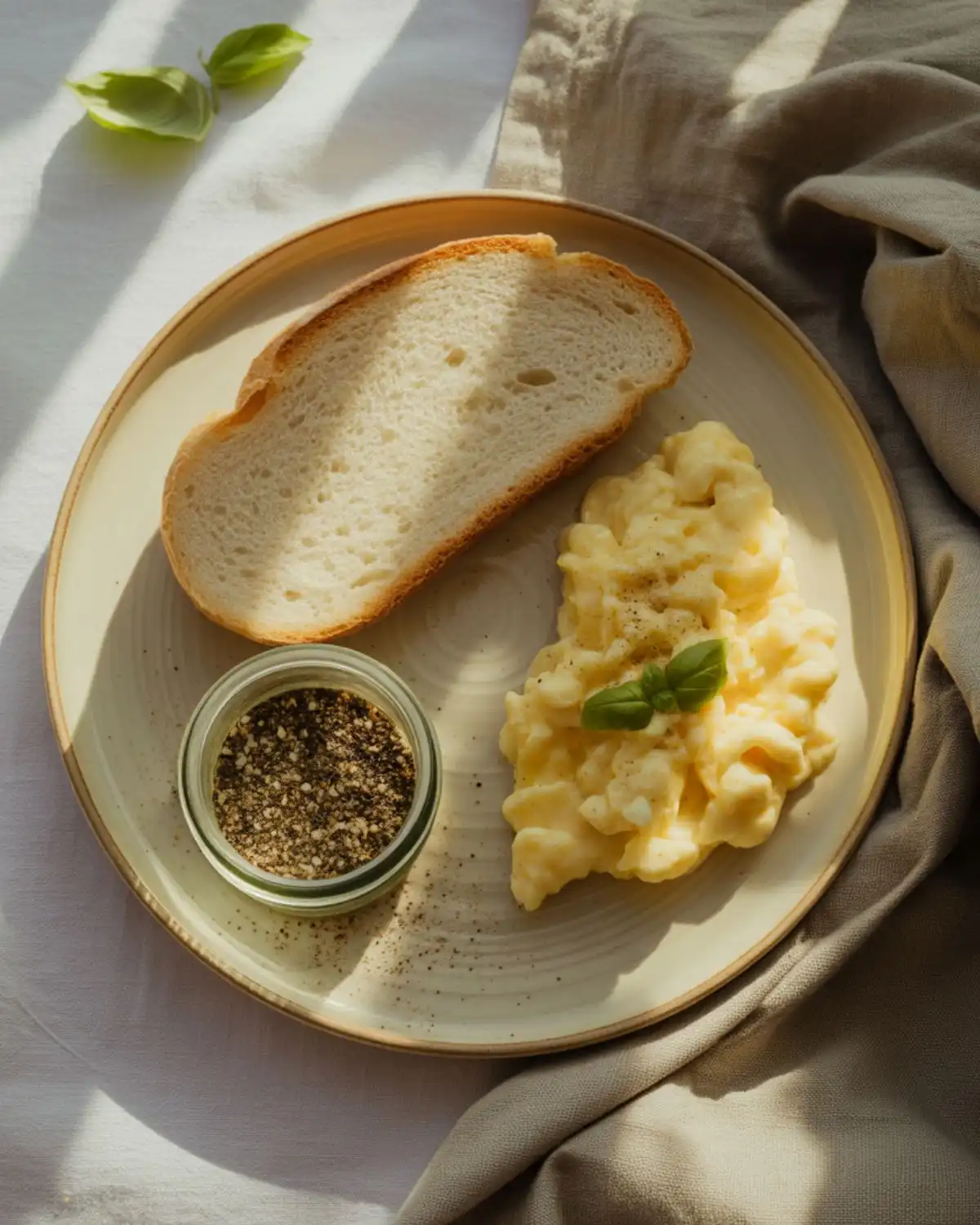Black pepper basil salt beside soft scrambled eggs and toasted sourdough.
