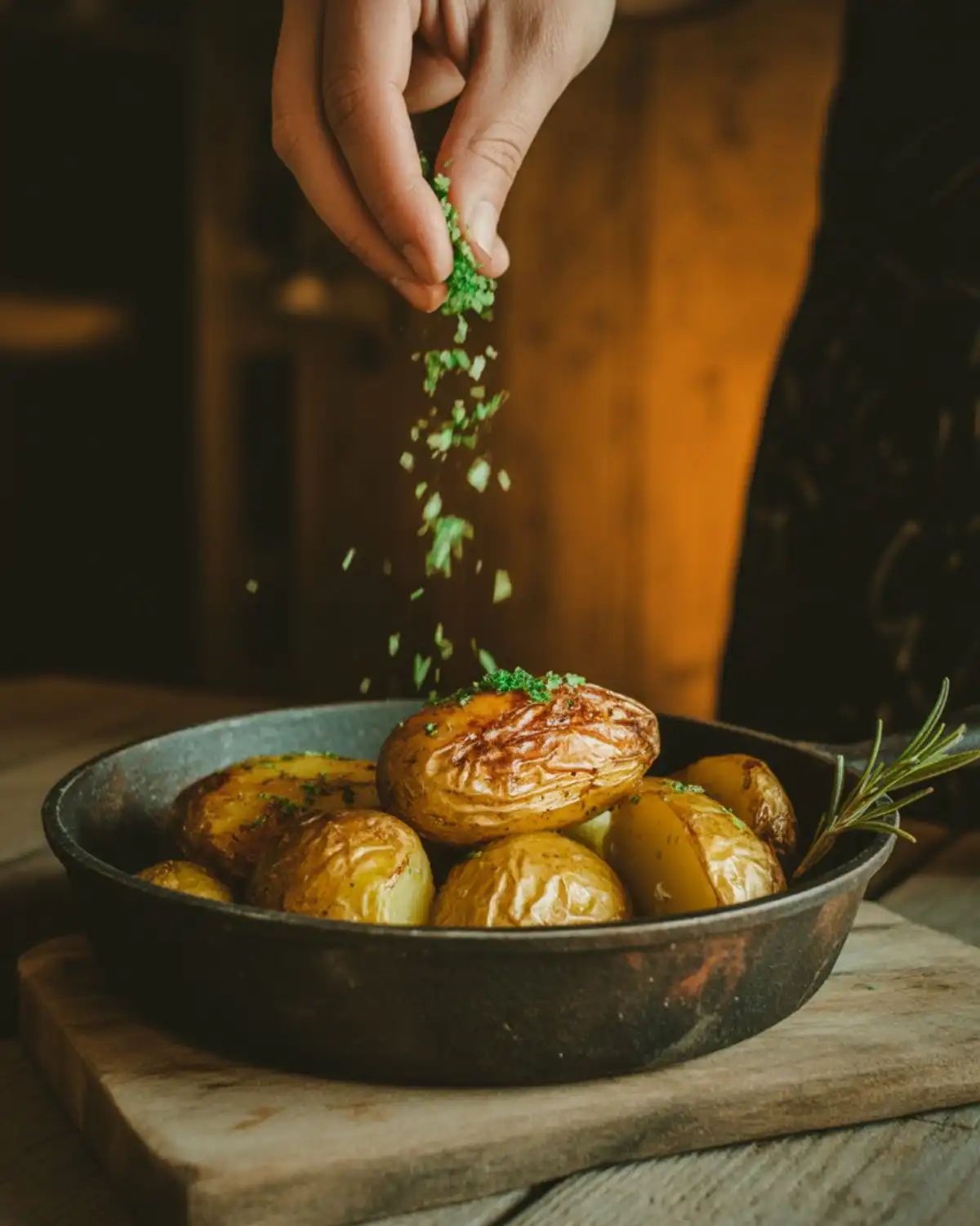 Rosemary basil salt scattered over crispy roasted potatoes in a cast-iron pan.