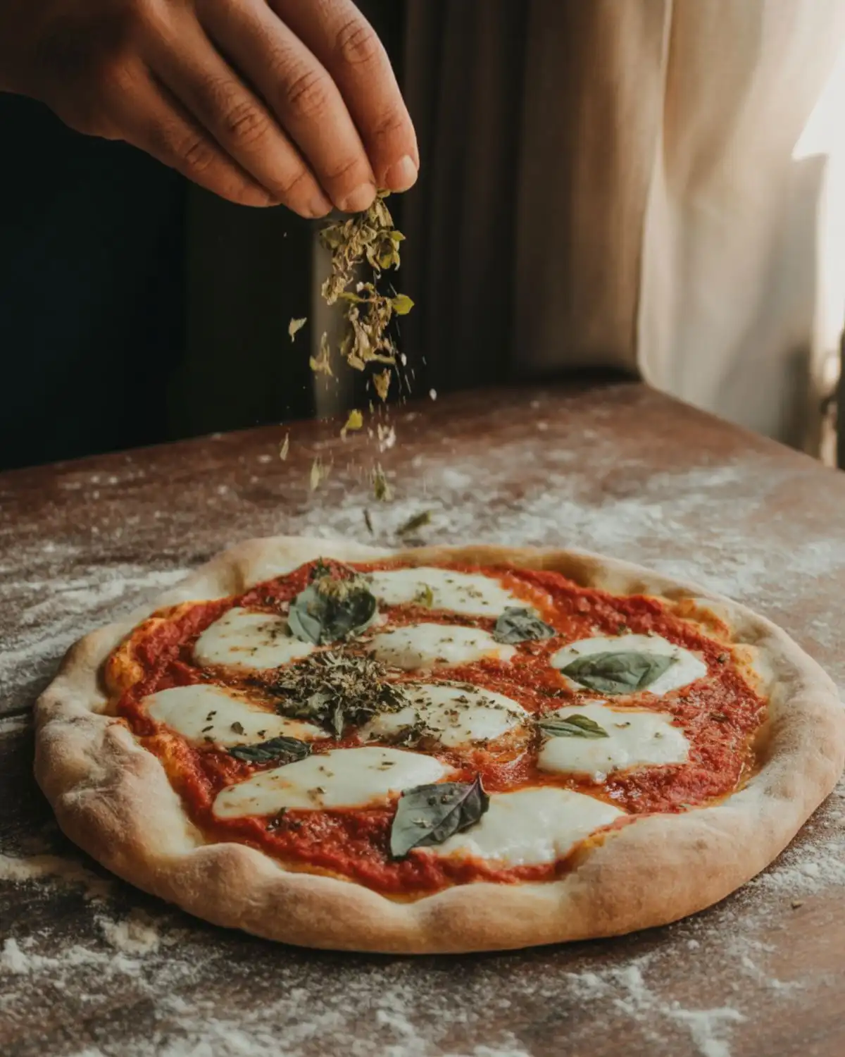 Oregano basil salt sprinkled over a rustic tomato and mozzarella pizza.