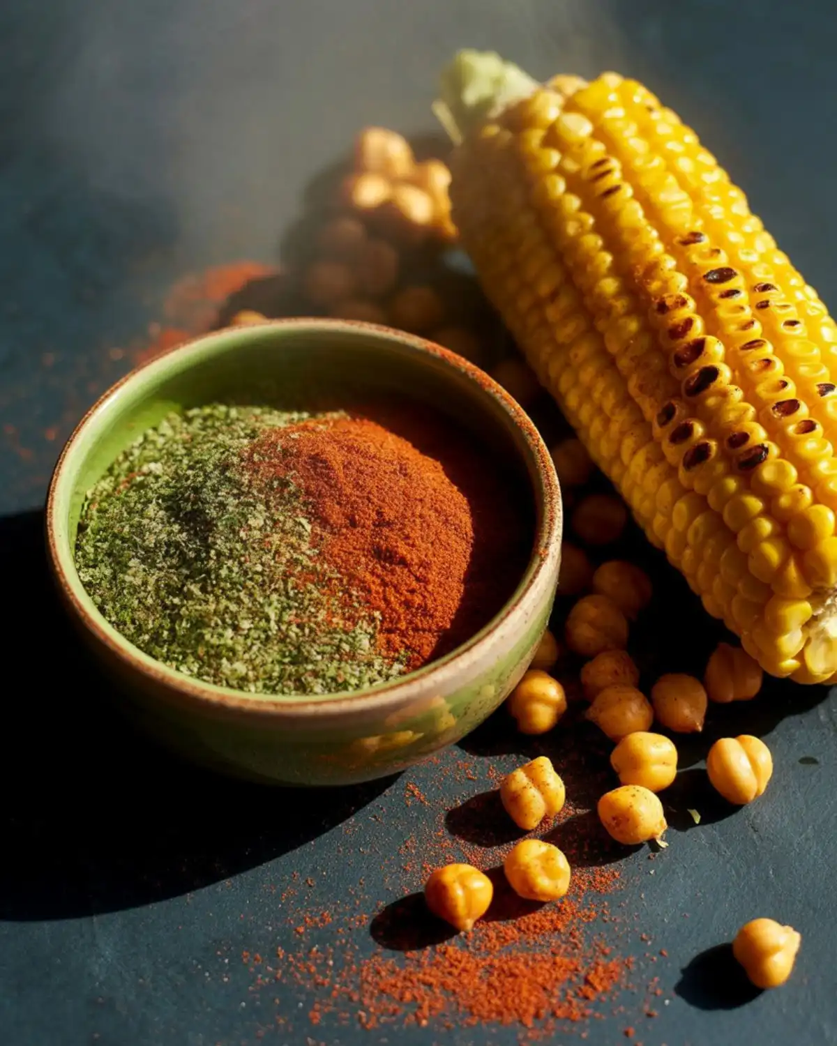 Smoked paprika basil salt with grilled corn and roasted chickpeas.