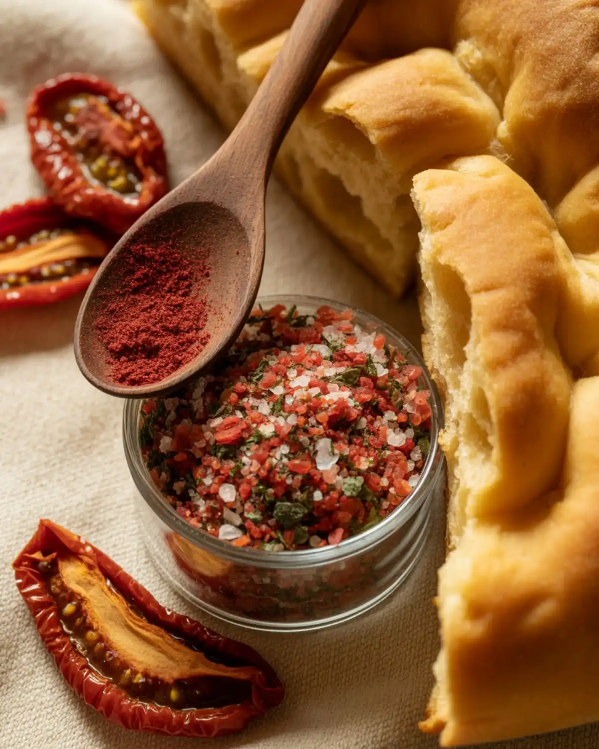 Red and green tomato basil salt beside focaccia and dried tomato powder.