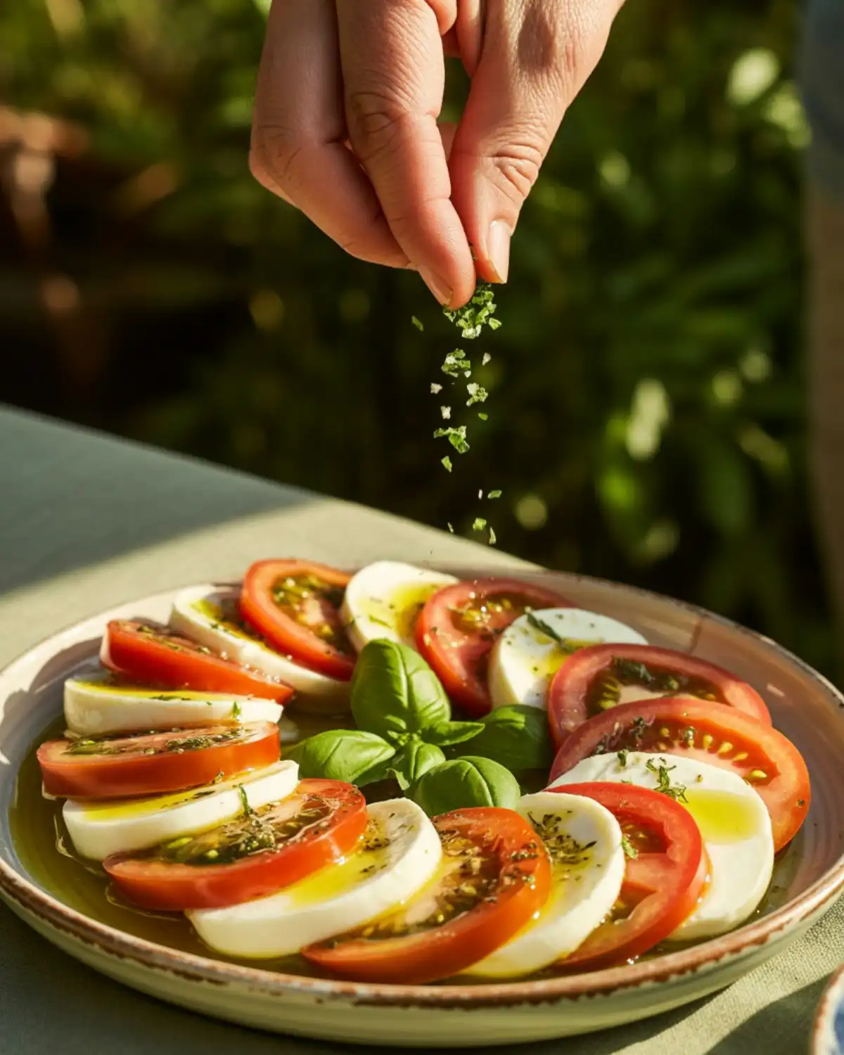 Basil salt sprinkled over ripe tomatoes, mozzarella, and basil in a caprese salad.