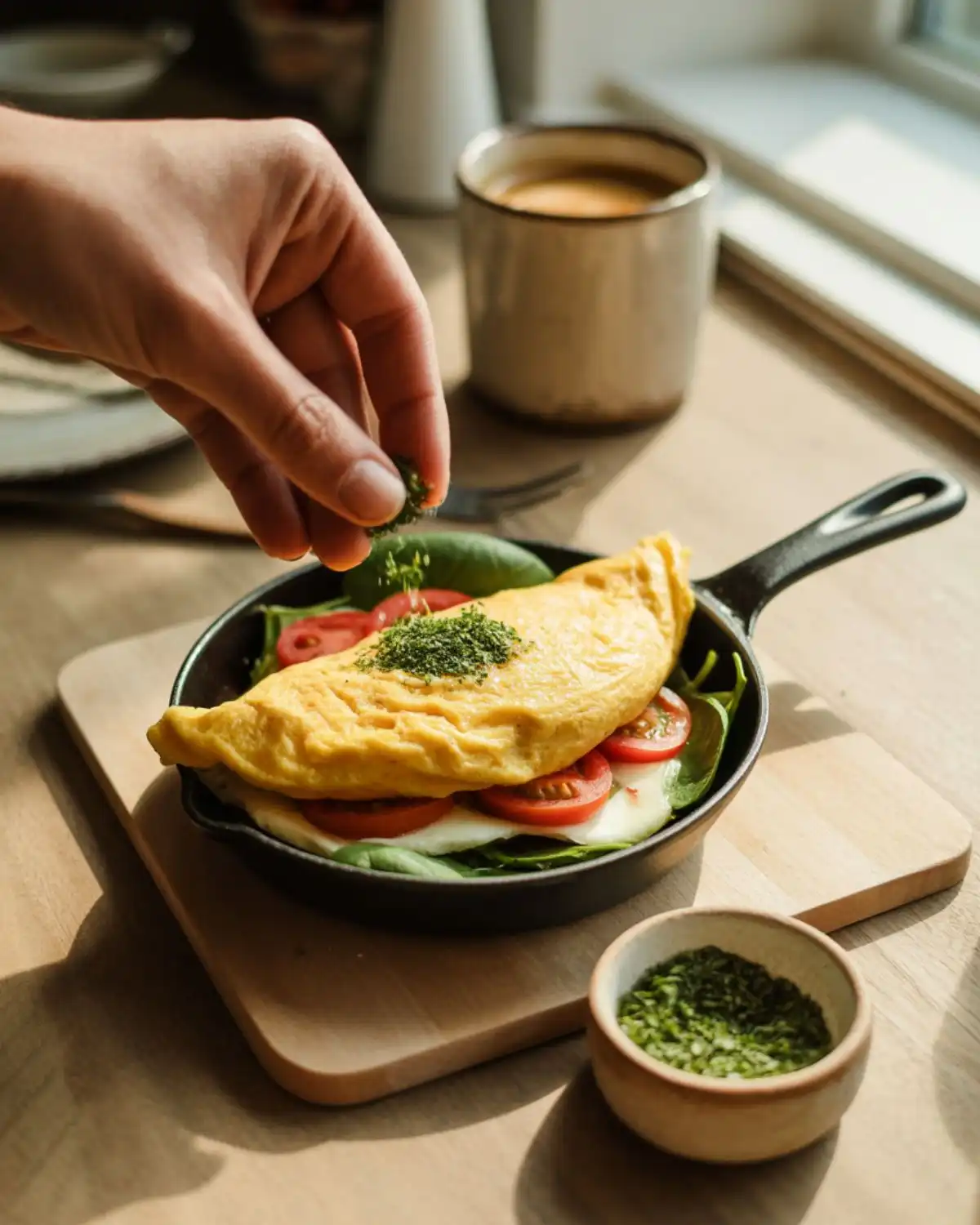 Basil salt seasoning a tomato and mozzarella omelet in a breakfast skillet.
