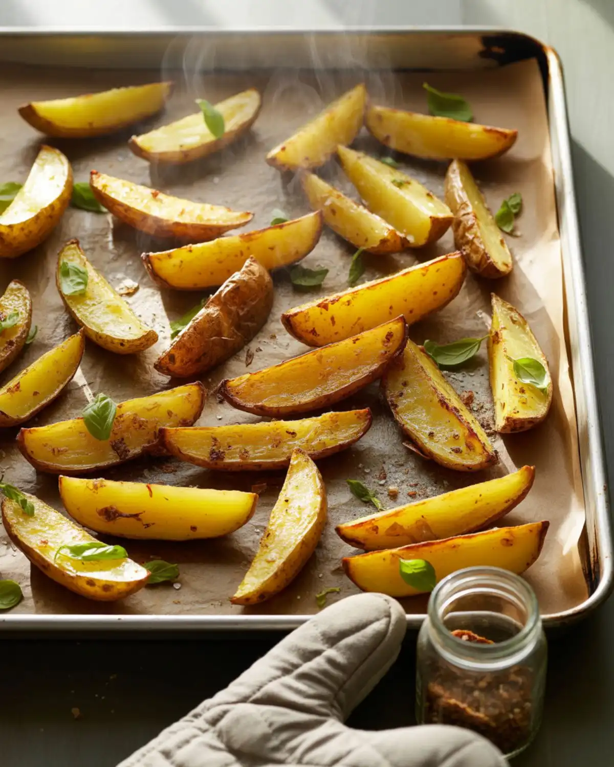 Crispy sheet-pan potatoes finished with homemade basil salt.