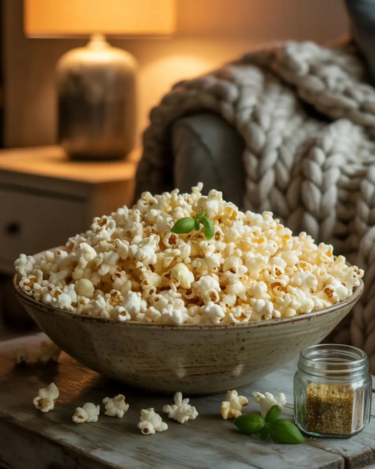 A bowl of buttery popcorn seasoned with homemade basil salt.