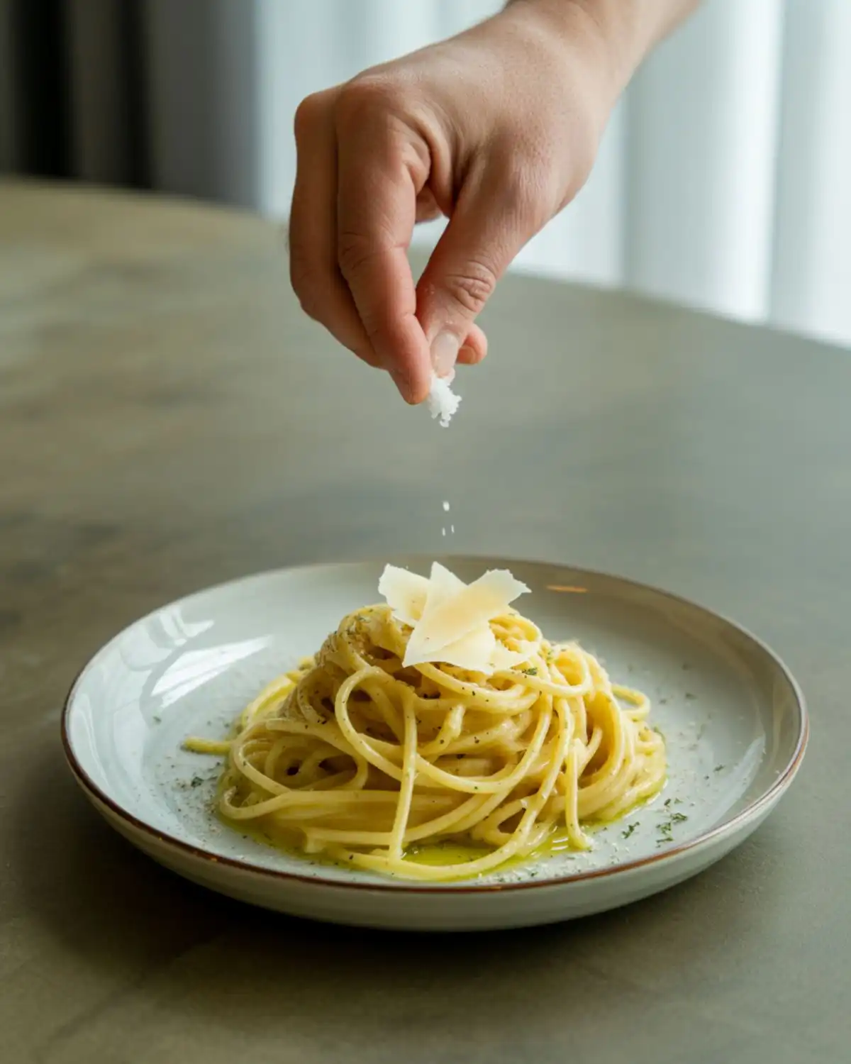 Spaghetti with olive oil, Parmesan, and a finishing pinch of basil salt.