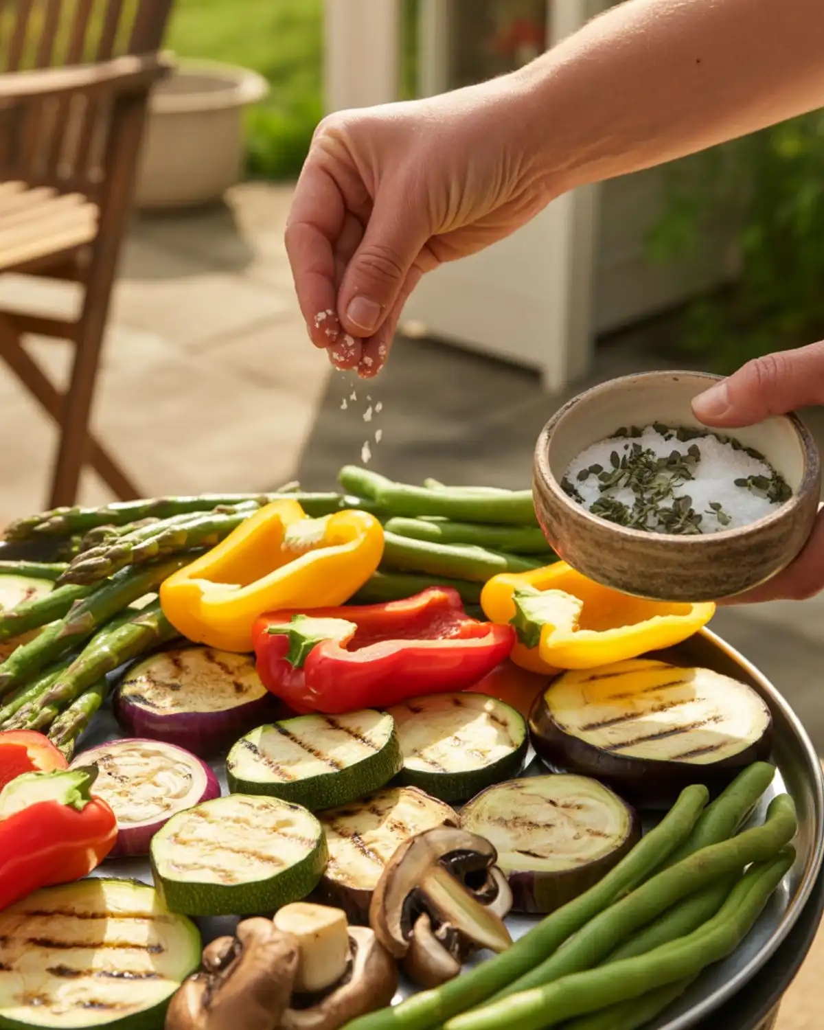 Colorful grilled vegetables finished with smoked paprika basil salt.
