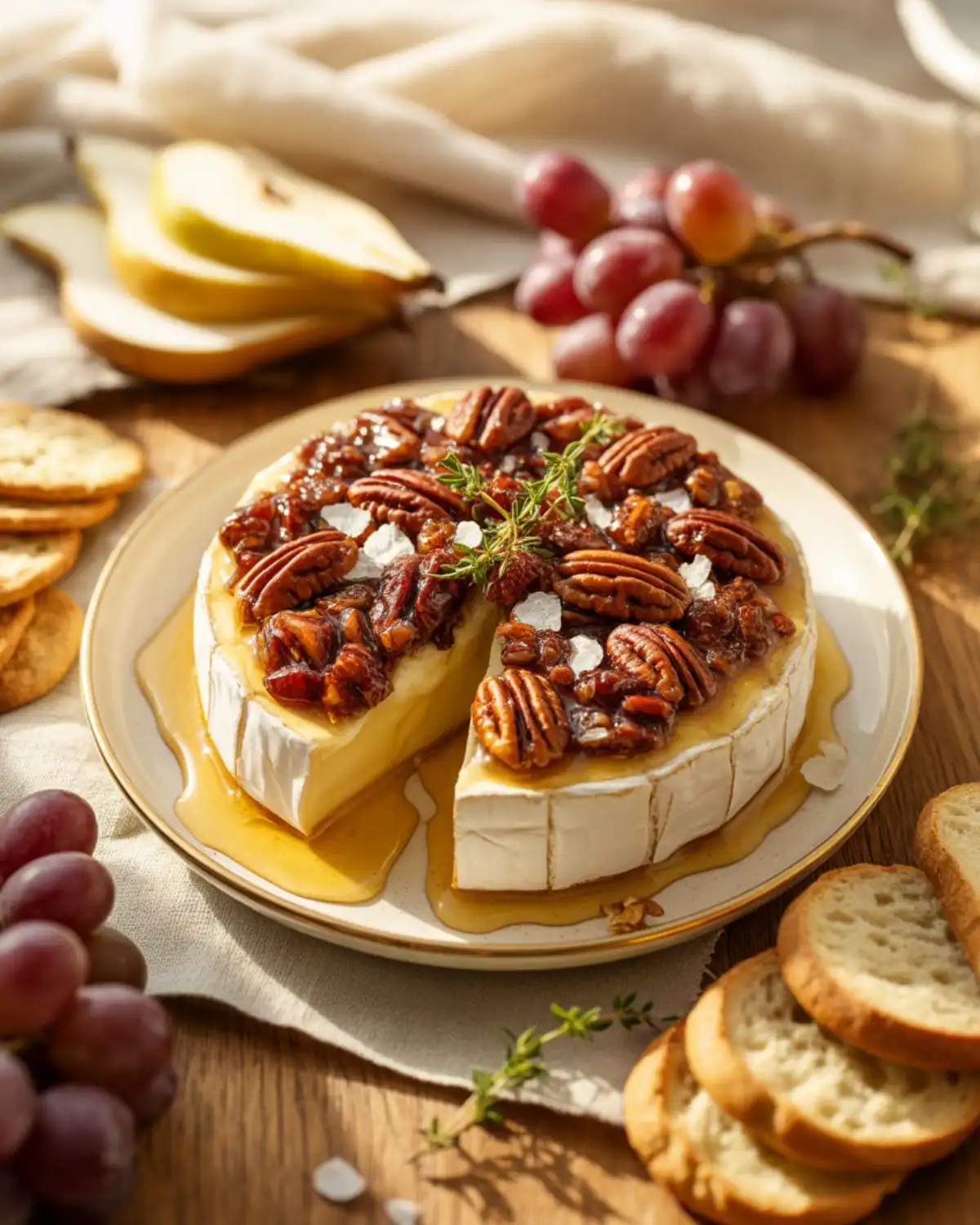  Warm baked brie topped with honey, toasted pecans, and thyme