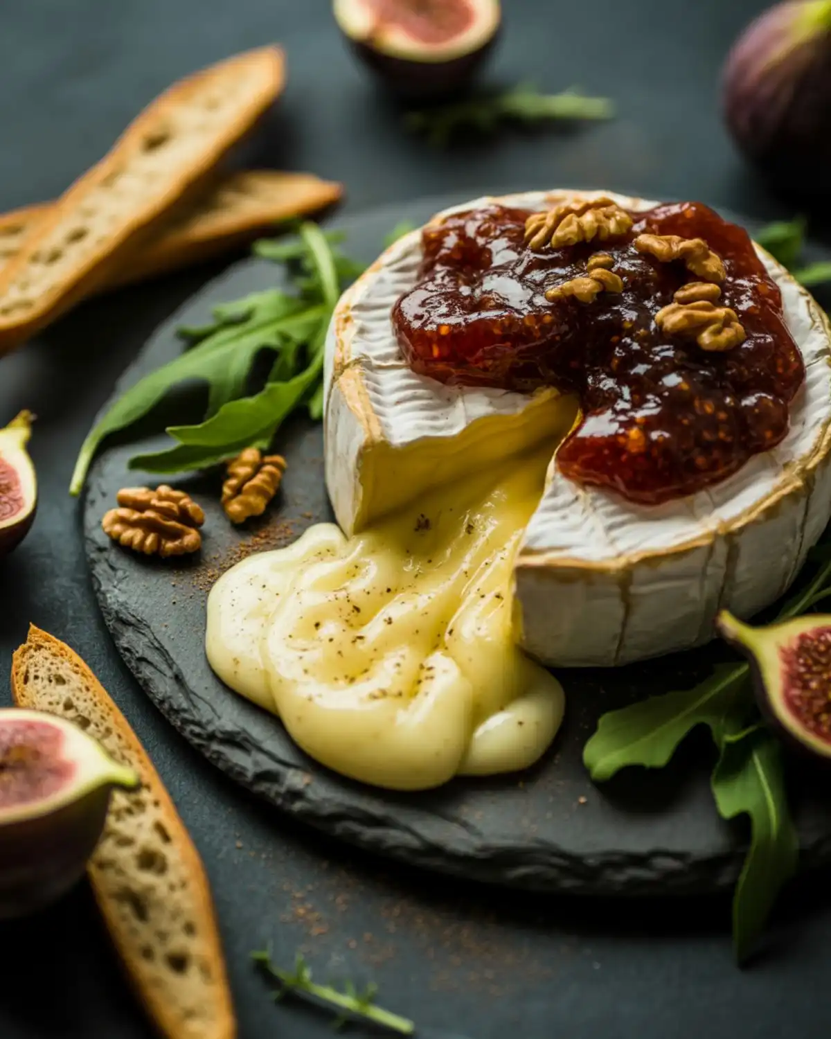 Baked brie covered with fig jam, walnuts, pepper, and arugula
