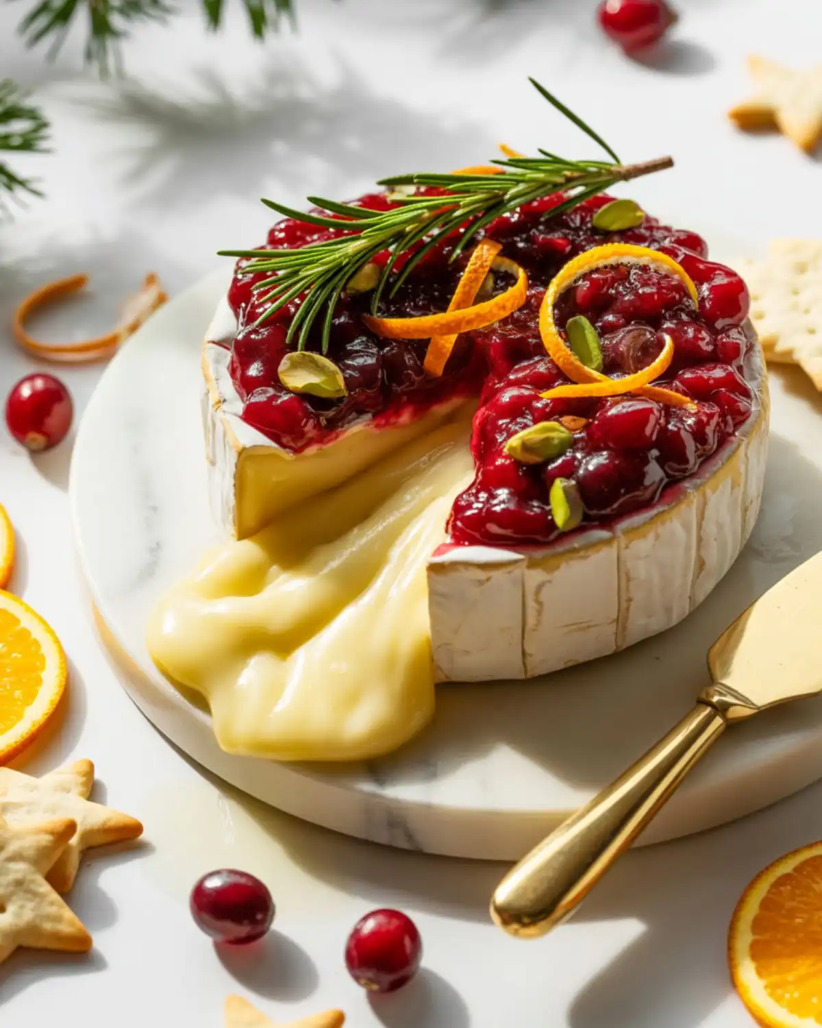 Festive baked brie topped with cranberries, orange zest, and pistachios
