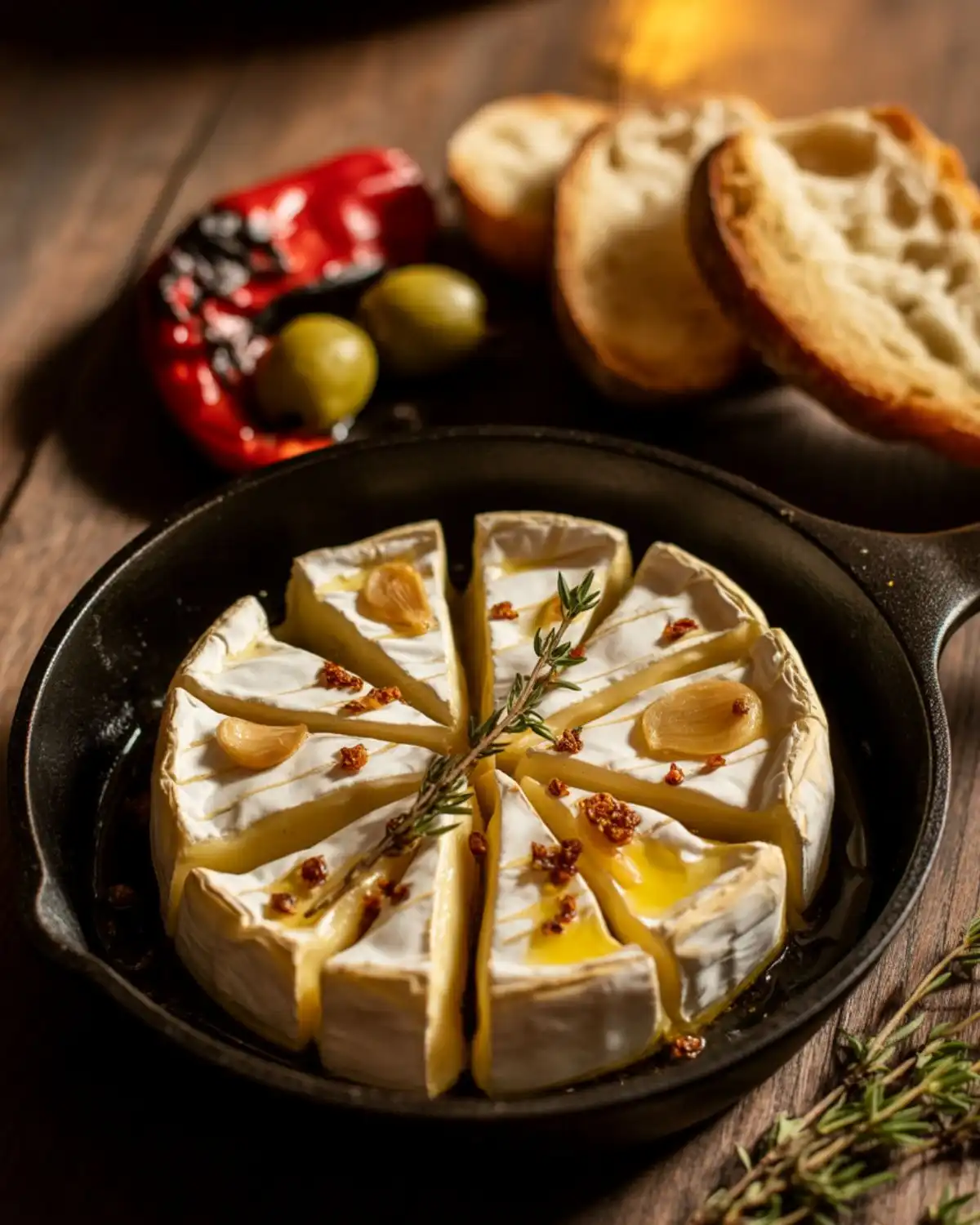  Savory baked brie with sliced garlic, thyme, butter, and olive oil
