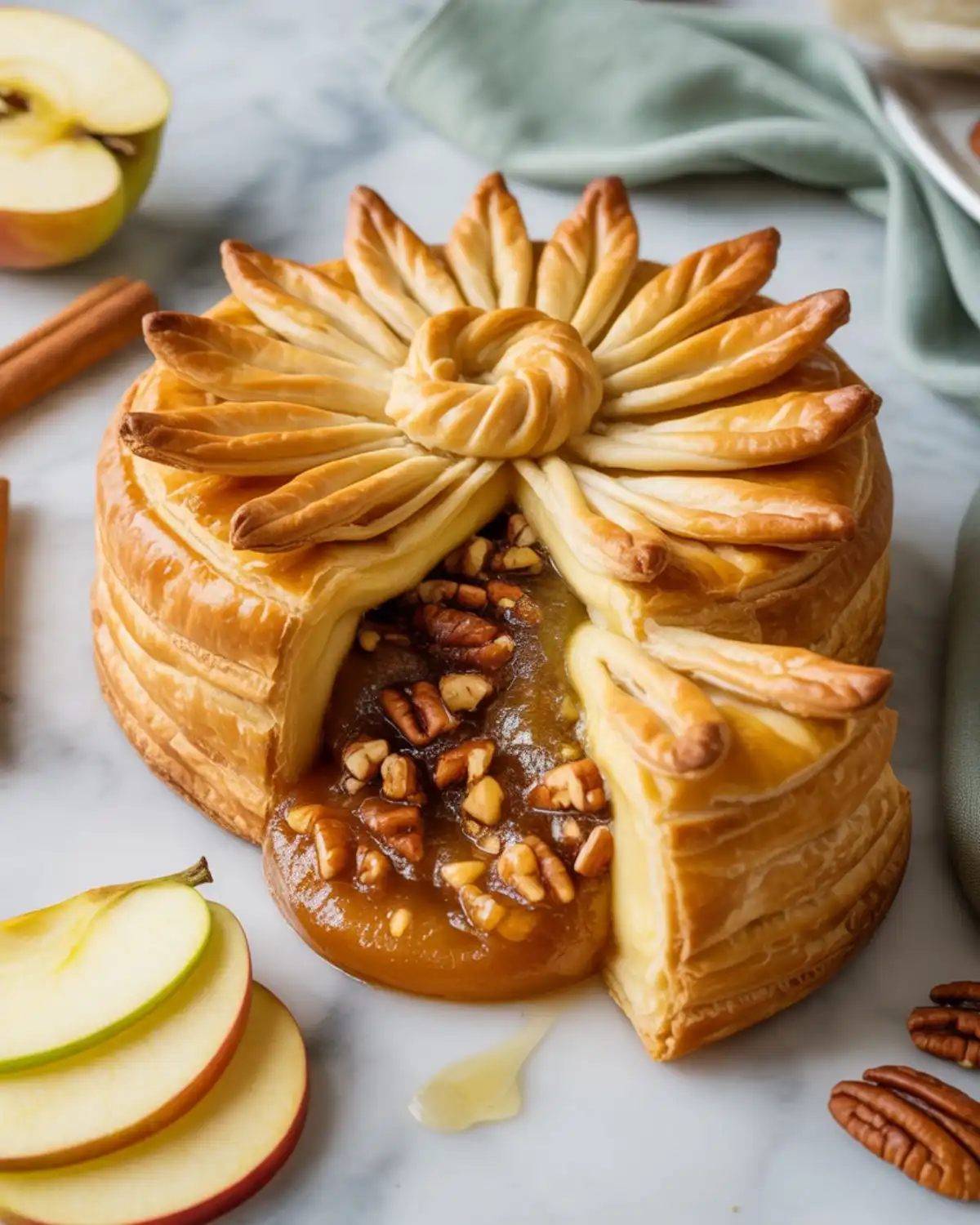 Golden puff pastry filled with melted brie, apple butter, and pecans
