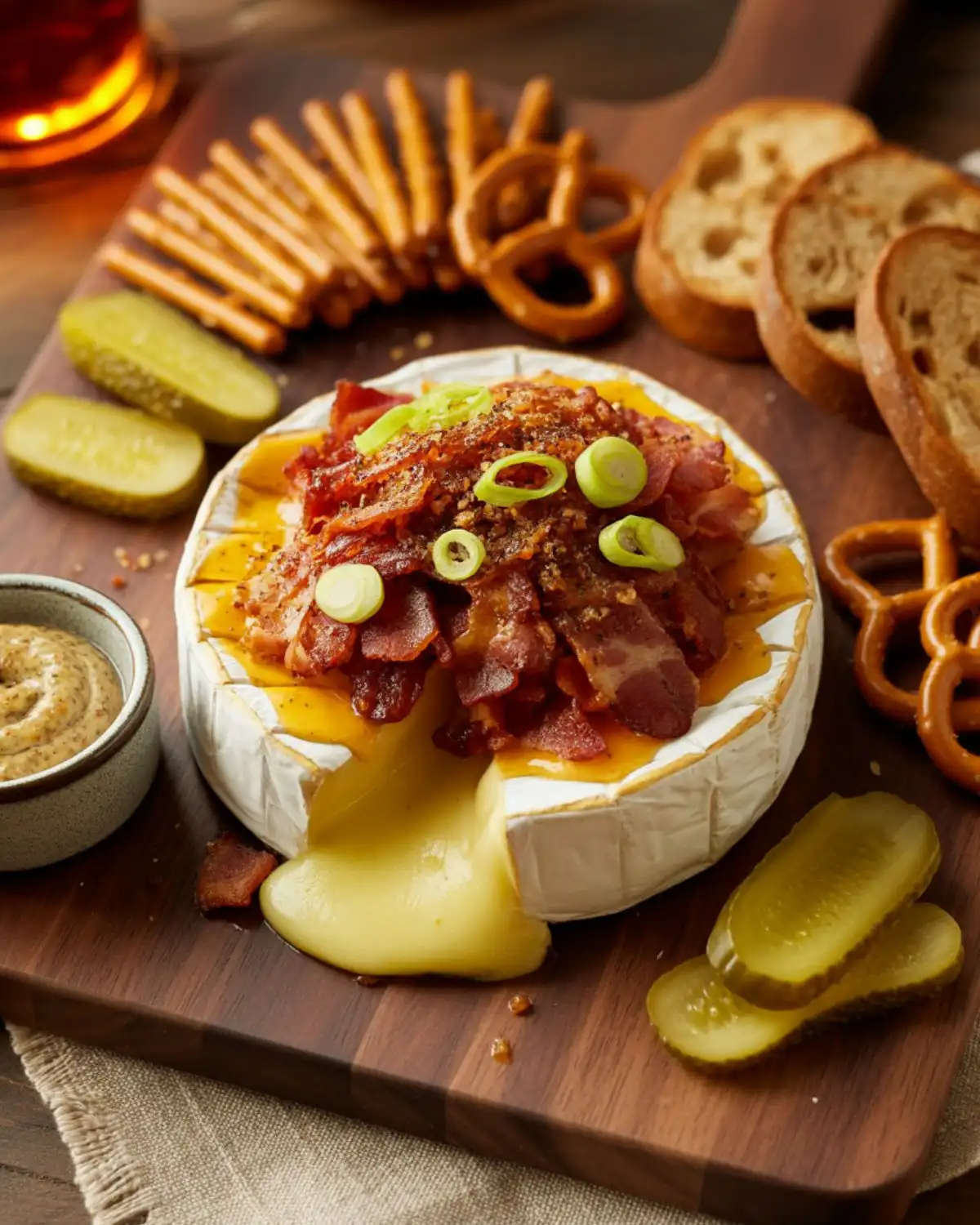  Baked brie topped with maple bacon, Dijon mustard, and scallions
