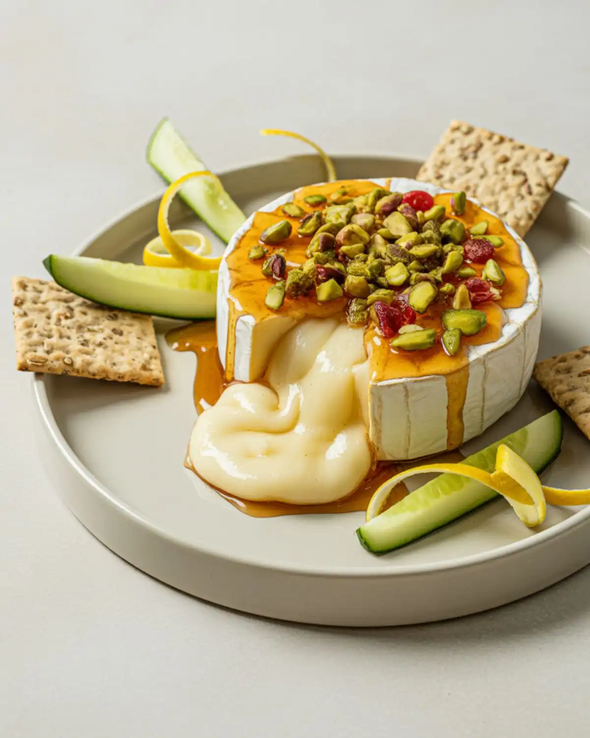 Warm brie with hot honey, pistachios, chile, and lemon zest