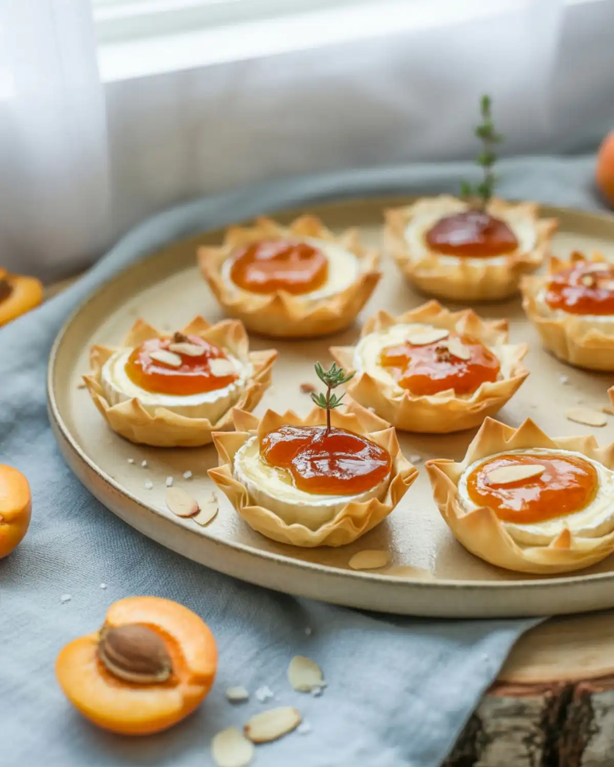 Delicate phyllo cups filled with brie, apricot preserves, and almonds