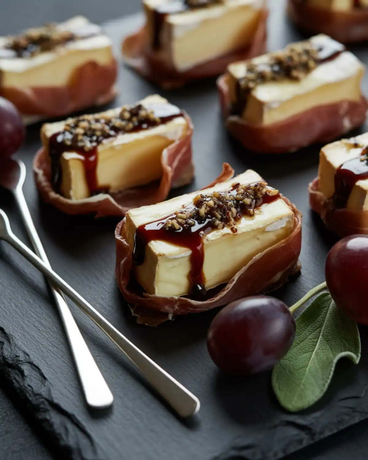 Crisp prosciutto wrapped around warm brie with balsamic glaze
